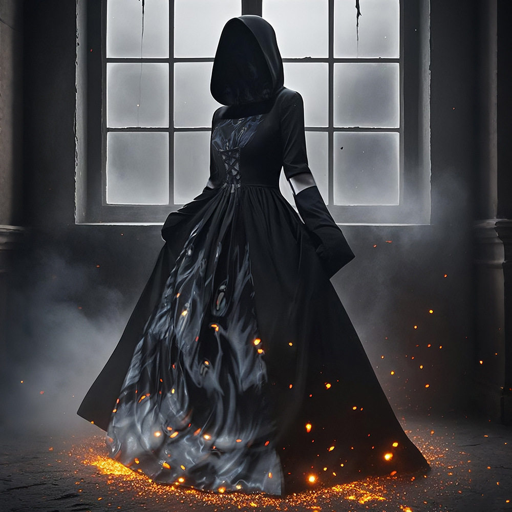 2025年新款万圣节女巫连衣裙连帽骷髅巫婆法师cosplay舞台表演服