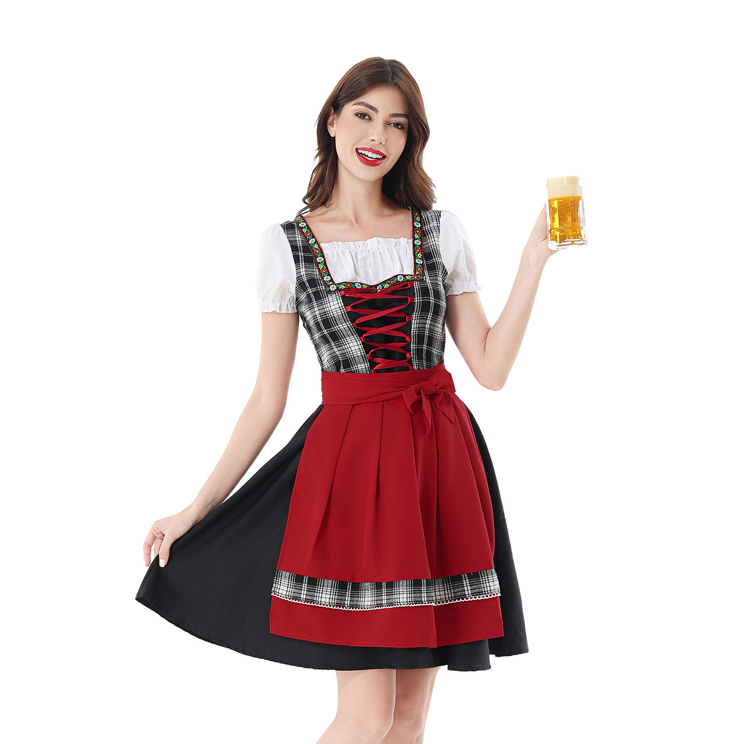 狂欢节女士传统德国啤酒节服装慕尼黑巴伐利亚Dirndl黑格子连衣裙