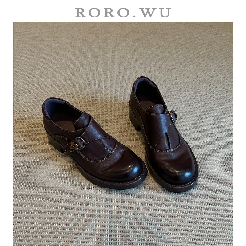 软皮版~2025英伦风厚底乐福鞋女小个子粗跟单鞋复古棕色小皮鞋子