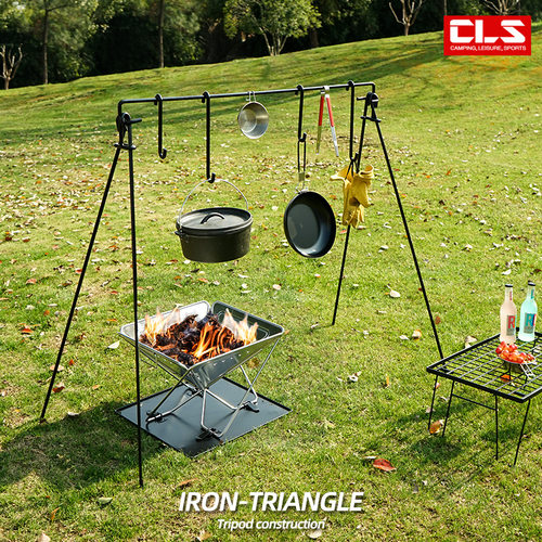 跨境户外野营铁支架焚火三脚架露营烧烤便携置物架折叠三脚挂架