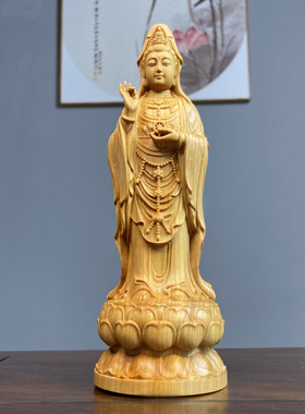 崖柏木雕南海观音高20cm创意根雕文玩家居饰品中式客厅摆件