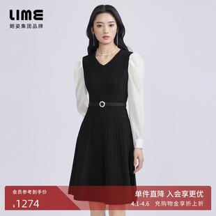 LIME莱茵年早春新款 泡泡袖 裙装 针织连衣裙黑白拼色收腰长袖