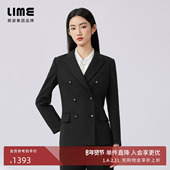 LIME莱茵羊毛混纺翻领双排扣小西服秋冬新款 通勤简约上衣黑色