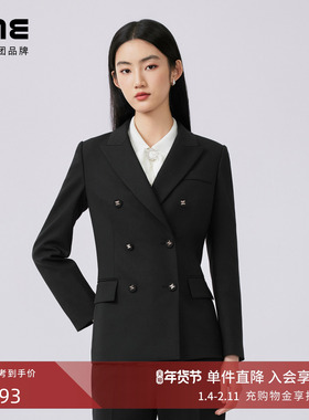 LIME莱茵羊毛混纺翻领双排扣小西服秋冬新款通勤简约上衣黑色