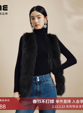 LIME莱茵皮草马甲深灰色秋冬新款狐狸毛皮V领隐形扣无袖外套