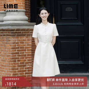 LIME莱茵连衣裙米白色收腰优雅气质钉珠绣花优雅裙子 董璇同款