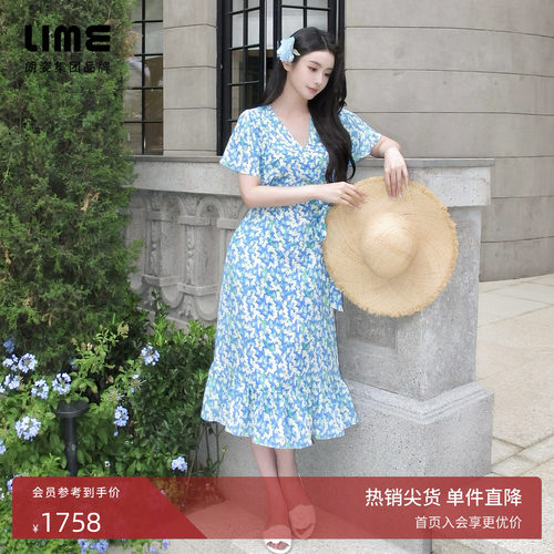 朗姿集团LIME莱茵法式洋甘菊碎花连衣裙天蓝色夏新款收腰茶歇裙