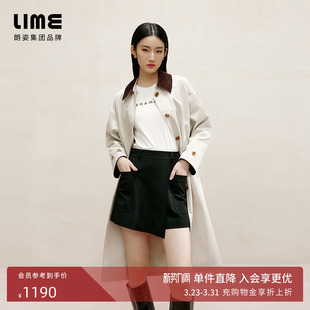 朗姿集团LIME莱茵灯芯绒翻领设计感长款 风衣银灰色25春女外套