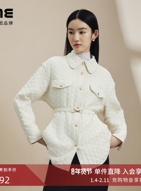 LIME莱茵小香风衬衫式收腰棉服秋冬新款暗格纹白色简约夹克外套