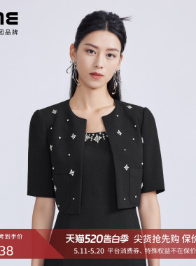 【刘恋同款】LIME莱茵年春夏新款短上衣黑色圆领短袖通勤女外套
