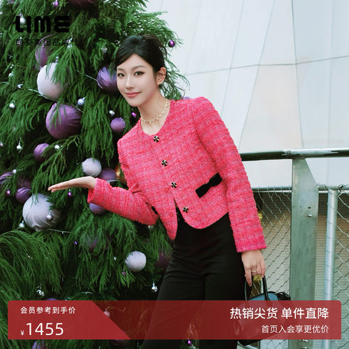 朗姿/LIME莱茵小香风羊毛格纹花式纱圆领短外套蝴蝶结26年春新款