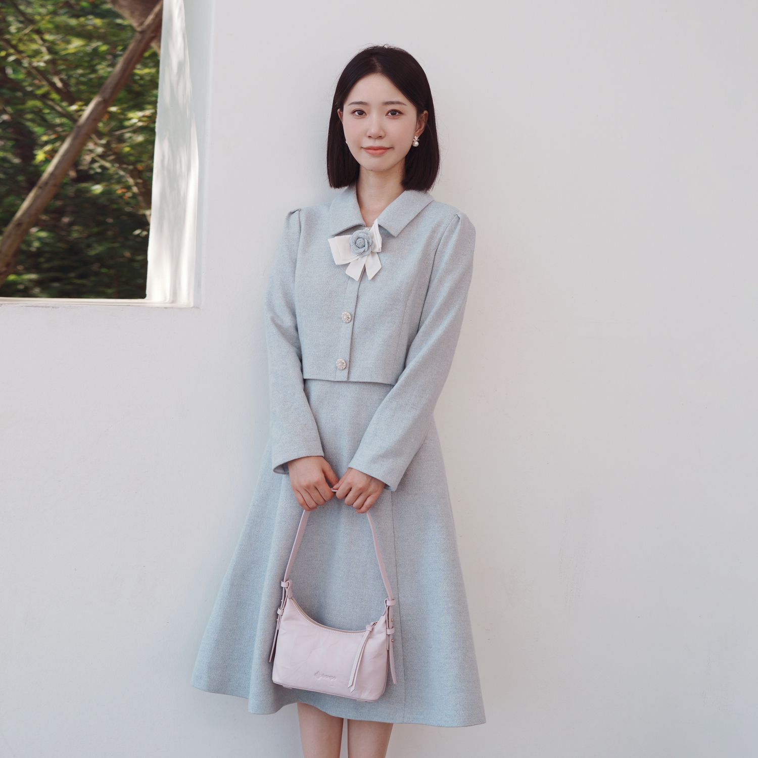 朗姿集团LIME莱茵羊毛混纺假两件连衣裙浅雾霾蓝收腰伞摆25冬季新