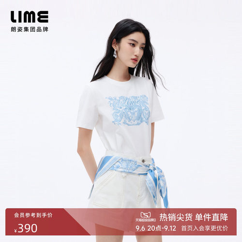 LIME（服饰）朗姿/LIME莱茵棉质蝴蝶印花重工刺绣T恤短袖