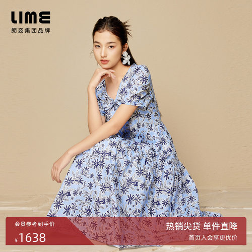 朗姿集团LIME莱茵涂鸦雏菊印花连衣裙夏V领纯棉收腰碎褶伞摆裙