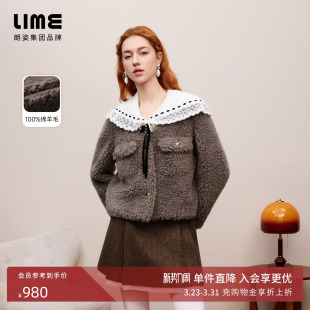 女 新款 朗姿 莱茵福莱尔甄选颗粒感100%绵羊毛短外套V领仿皮草冬季
