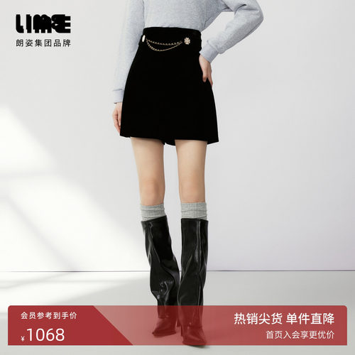 LIME莱茵高腰丝绒短裤黑色秋新款轻奢金属链装饰简约显瘦女裤