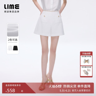 朗姿/LIME莱茵高腰金属链条装饰黑色阔腿短裤夏小香风显瘦女裤