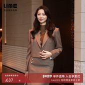 朗姿 高腰直筒裙&西裤 LIME莱茵复古千鸟格纹西服套装 翻领短西装