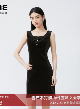 【丝绒】LIME莱茵气质吊带连衣裙秋新款时尚方领钻扣背心裙