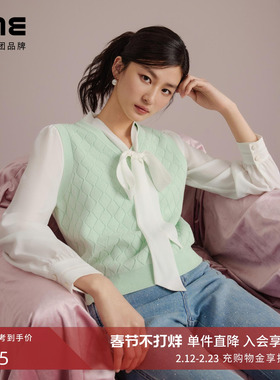 LIME莱茵飘带领设计针织套头衫水绿色春秋假两件衬衫式上衣