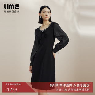 LIME莱茵针梭拼接黑色收腰连衣裙秋冬新款 可拆卸蝴蝶结胸针裙子