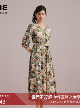 朗姿集团LIME莱茵玫瑰印花优雅连衣裙25夏新款V领收腰茶歇裙