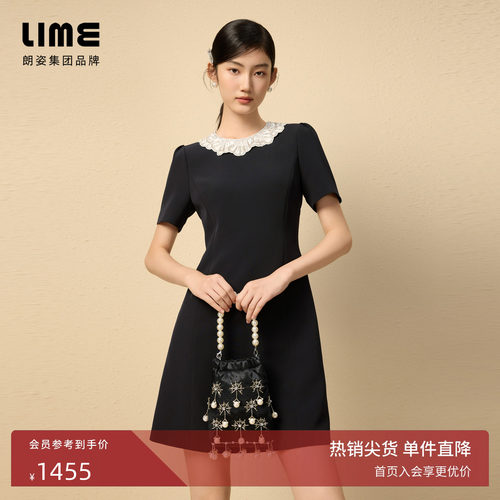 朗姿集团LIME莱茵收腰经典OL连衣裙夏重工刺绣领职业通勤小黑裙