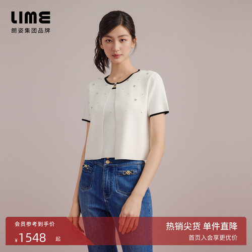 朗姿/LIME莱茵小香风钻饰圆领针织套头衫短袖轻奢气质2026夏新款