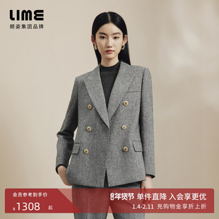 LIME莱茵钢花呢法式优雅通勤女西服套装秋冬双排扣西装直筒西裤