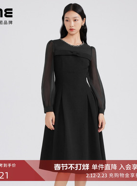 LIME莱茵年早春新款连衣裙圆领长袖高腰收腰小黑裙网纱泡泡袖