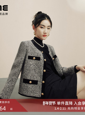 LIME莱茵优雅小香风短截上衣中灰色冬复古圆领轻奢宽松直筒外套