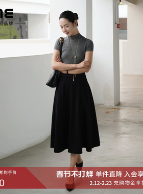 朗姿/LIME莱茵法式羊毛半裙A型散摆针织高腰压褶立裁优雅舒适新款