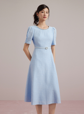 朗姿集团LIME莱茵立体浮雕提花连衣裙天蓝色25夏新款钻饰装饰裙子