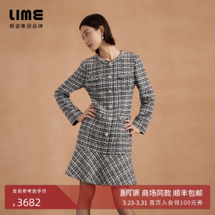 朗姿集团LIME莱茵粗花呢羊毛混纺鱼尾裙摆连衣裙小香风优雅25年秋