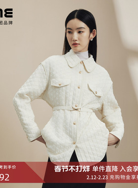 LIME莱茵小香风衬衫式收腰棉服秋冬新款暗格纹白色简约夹克外套