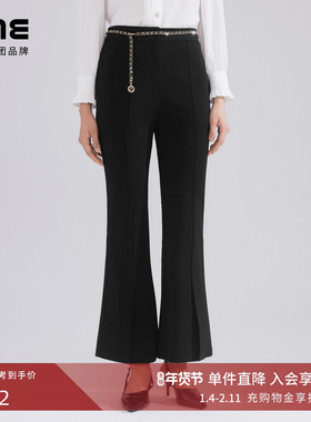 LIME莱茵年早春新款梭织裤子黑色裤角开衩微喇修身长裤百搭通勤