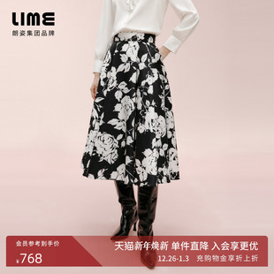 LIME莱茵时尚 气质印花高腰半裙黑色25早春大裙摆伞裙百搭半身裙