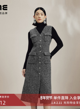 LIME莱茵英伦风无袖收腰连衣裙深灰色冬百搭马甲裙V领优雅长裙