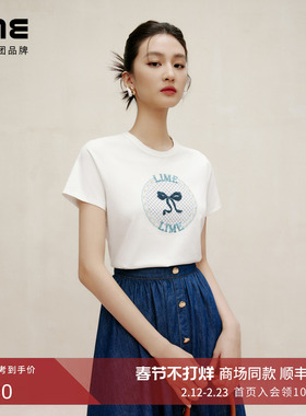 朗姿集团LIME莱茵圆领棉质弹力T恤白色25春蝴蝶结字母钉珠短袖