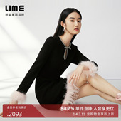 LIME莱茵轻奢优雅连衣裙黑色新款 钻饰领口镂空设计拼接羽毛裙