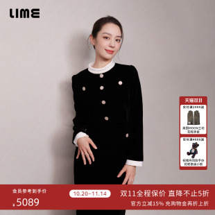 收腰裙 LIME莱茵黑白撞色半高领丝绒连衣裙2024秋新款 吉娜同款