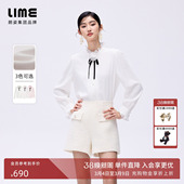 新款 朗姿 LIME莱茵花边小立领百搭衬衣配手工领花可拆卸雪纺衬衫