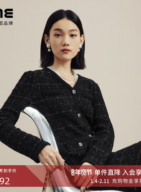 LIME莱茵V领优雅小香风针织连衣裙黑色秋冬新款轻奢收腰A字裙