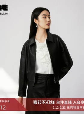 LIME莱茵法式翻领黑夹克秋新款PU涂层H版型灯笼袖设计感外套