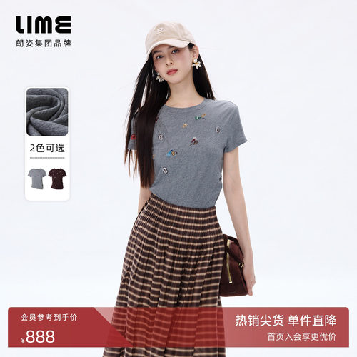 【商场同款】朗姿/LIME莱茵长绒棉立体刺绣T恤短袖复古2026夏新款