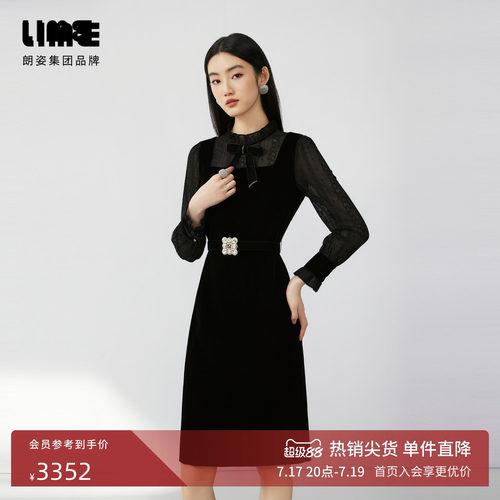 LIME莱茵蕾丝拼接丝绒连衣裙黑色秋新款轻奢优雅蝴蝶结装饰裙