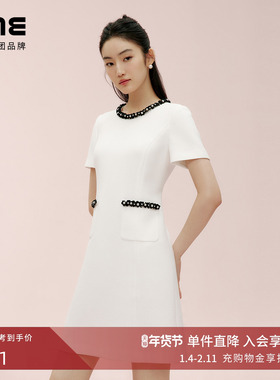 朗姿集团LIME莱茵优雅小香风圆领织带钉珠设计感连衣裙白色25夏