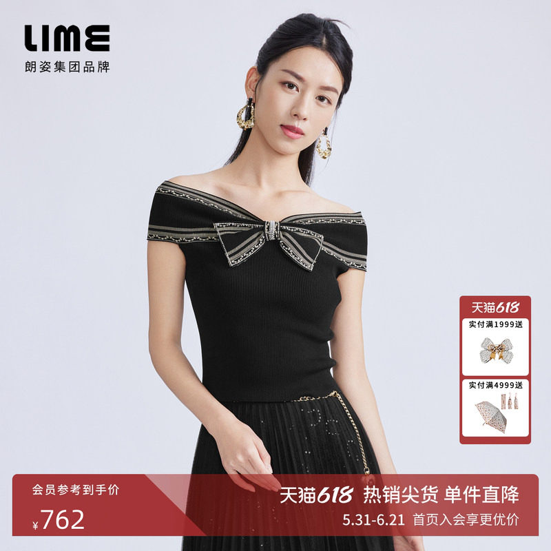 LIME莱茵一字领蝴蝶结针织套头衫黑色春夏新款钉珠设计感短袖