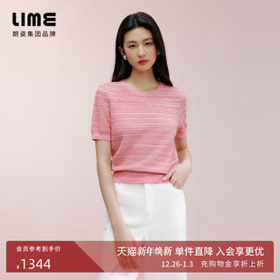 上衣 花纱宽松弹力女短袖 朗姿集团LIME莱茵小香风针织套头衫 25夏季