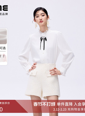 朗姿/LIME莱茵花边小立领百搭衬衣配手工领花可拆卸雪纺衬衫新款